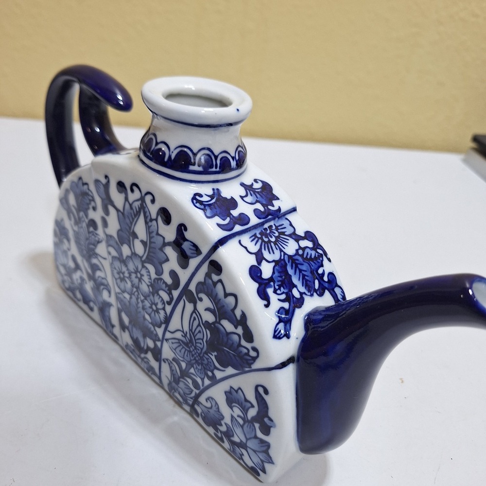 Blue White Porcelain Teapot Floral Butterfly Asian Style Decorative No Lid - Picture 5 of 7